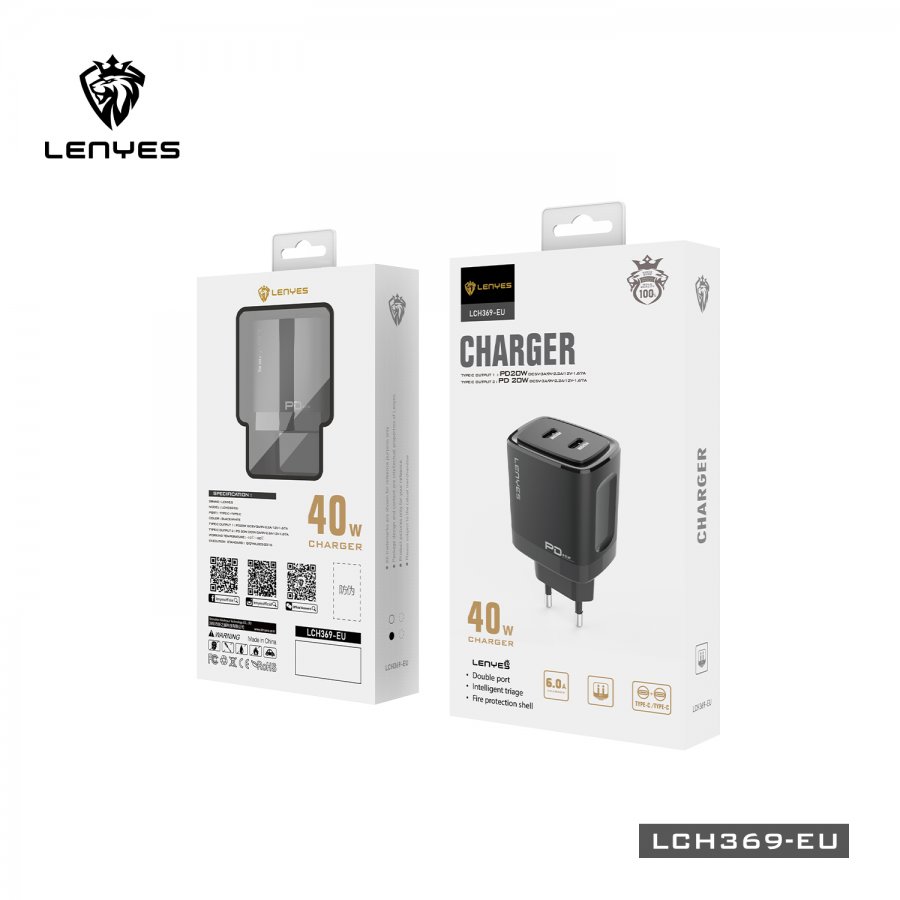 Lenyes LCH369 Fast Mobile Charger 40W 2 USB-C - Black
